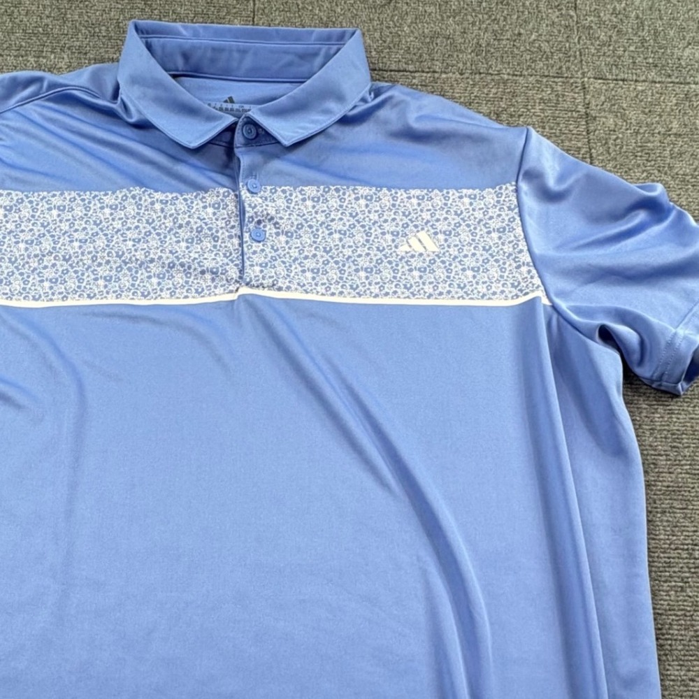 Adidas Golf Mens 2XL Blue Floral Chest Stripe Performance Polo Shirt SS